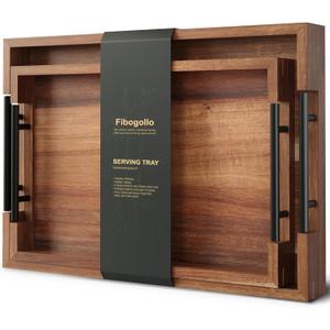 Fibogollo Acacia Wood Set of 2 Serving Tray with Metal Handles,Ottoman Decorative Trays Platter for Coffee Table,Living Room,Bar,Party (Brown)