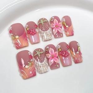 Medium Press on Nails Square Handmade False Nails Thick Acrylic Muti-Layer Gel 3D Flower Nails Press Ons wtih Shell Starfish Design French Tip Fake Nails Luxury Full Cover Stick on Nail for Women (M)