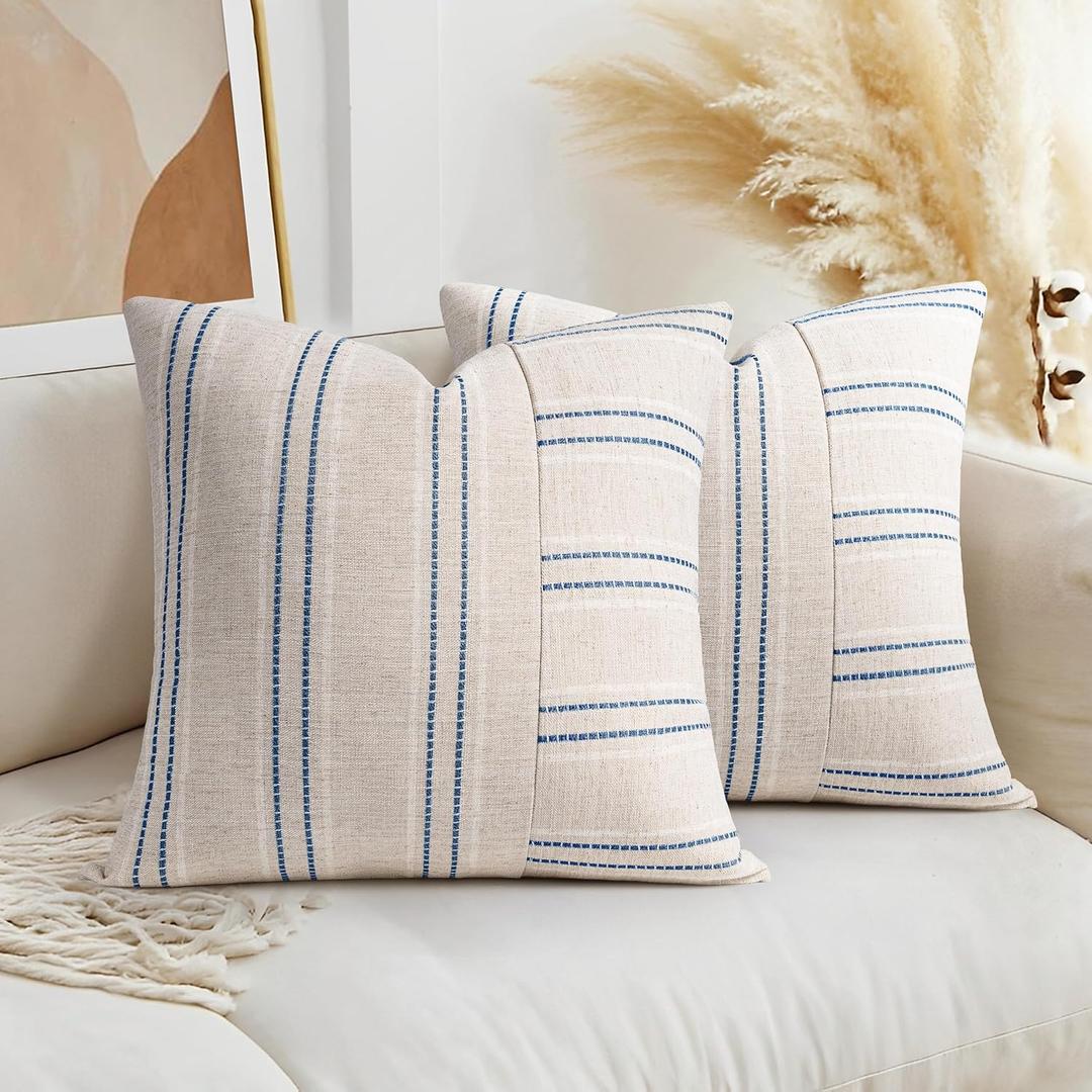 AELS 18x18 Decorative Farmhouse Linen Throw Pillow Covers, Boho Textured Pillow Case, Set of 2,Beige with White & Navy Blue Stripe Patchwork Cushion Cover for Sofa Couch Living Room(Cover ONLY)