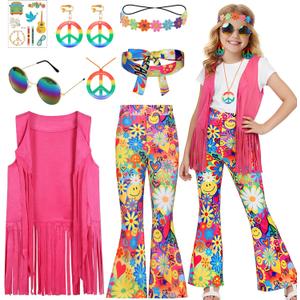 Koatobbor Hippie Costume for Girls Kids 60s 70s Hippie Outfits Set Halloween Party Dress Up 4-6Y