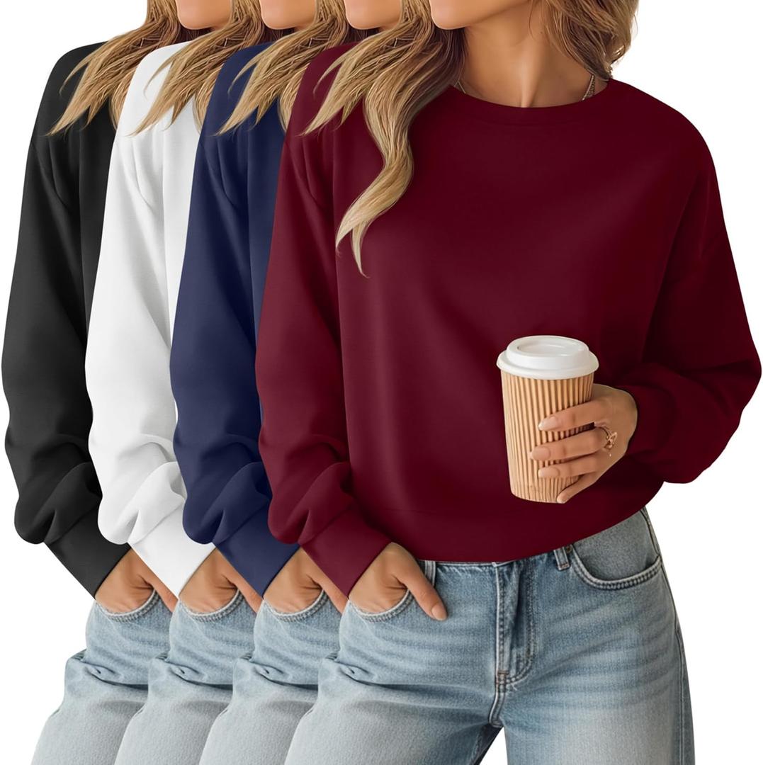 4 Pack Womens Long Sleeve Cropped Sweatshirts Crew Neck Loose Fit Pullover Thermal Tops (X-Small, Black, White, Navy Blue, Wine Red) XS
