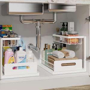 REALINN Under Sink Organizer, Pull Out Cabinet Organizer, 2 Tier Metal Slide Out Shelf with L Shaped Design, Under Cabinet Storage for Kitchen, Bathroom, Laundry, Deep Cabinet Shelf Storage, White, 2 Pack