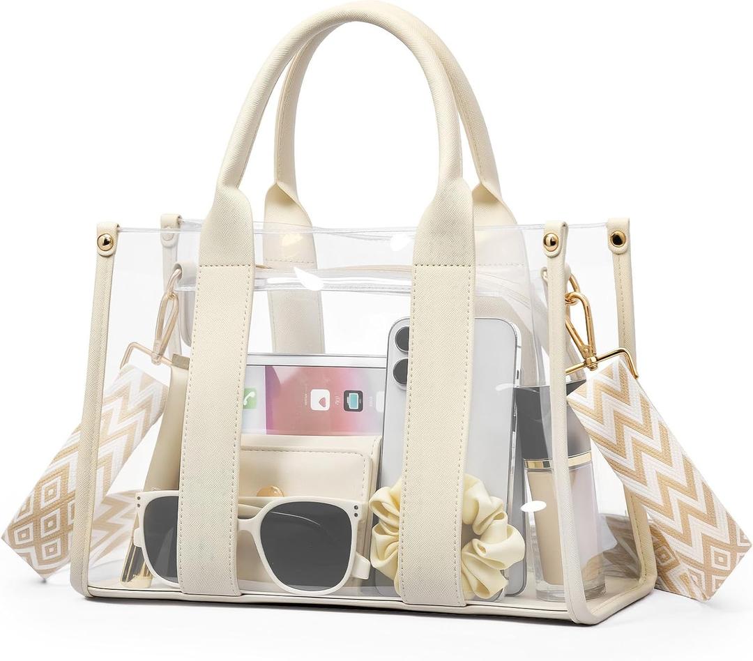 Clear Tote Bags for Women, Clear Bag for Stadium Events with Adjustable Straps, Handbag Purse for Sports Concert Work (Beige)