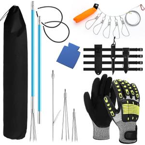 Lasnten 14 Pcs Hawaiian Sling Fishing Spear Set Fiberglass Pole Spear with 3 Prong Tips Diving Lobster Knife with Holster 2 Sheath 2 Pairs Leg Straps Fish Buckle for Diving Spearfishing (Sky Blue)