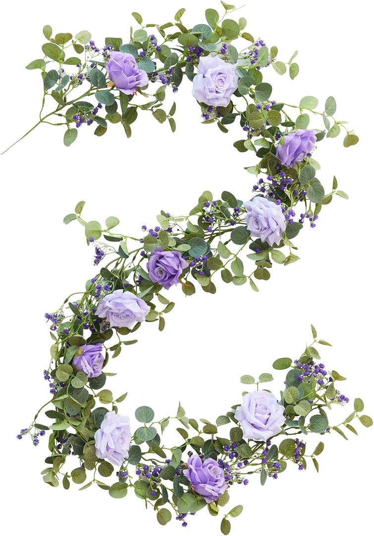 Anna's Whimsy 5.91FT Artificial Eucalyptus Garland with Flowers, Fake Rose Gypsophila Decor for Wedding Spring Home Party Craft Art Table Runner (Purple)