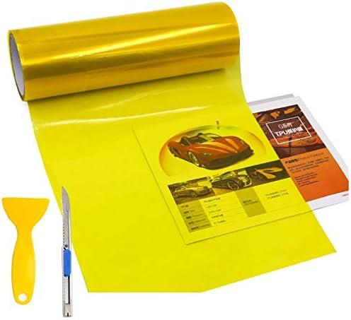 KOMAS 12 X 48 Tint Vinyl Film Sticker Sheet Roll for Car Headlight, Tail Lights, Fog Lights with Squeegee + Cutter (Glossy Yellow)