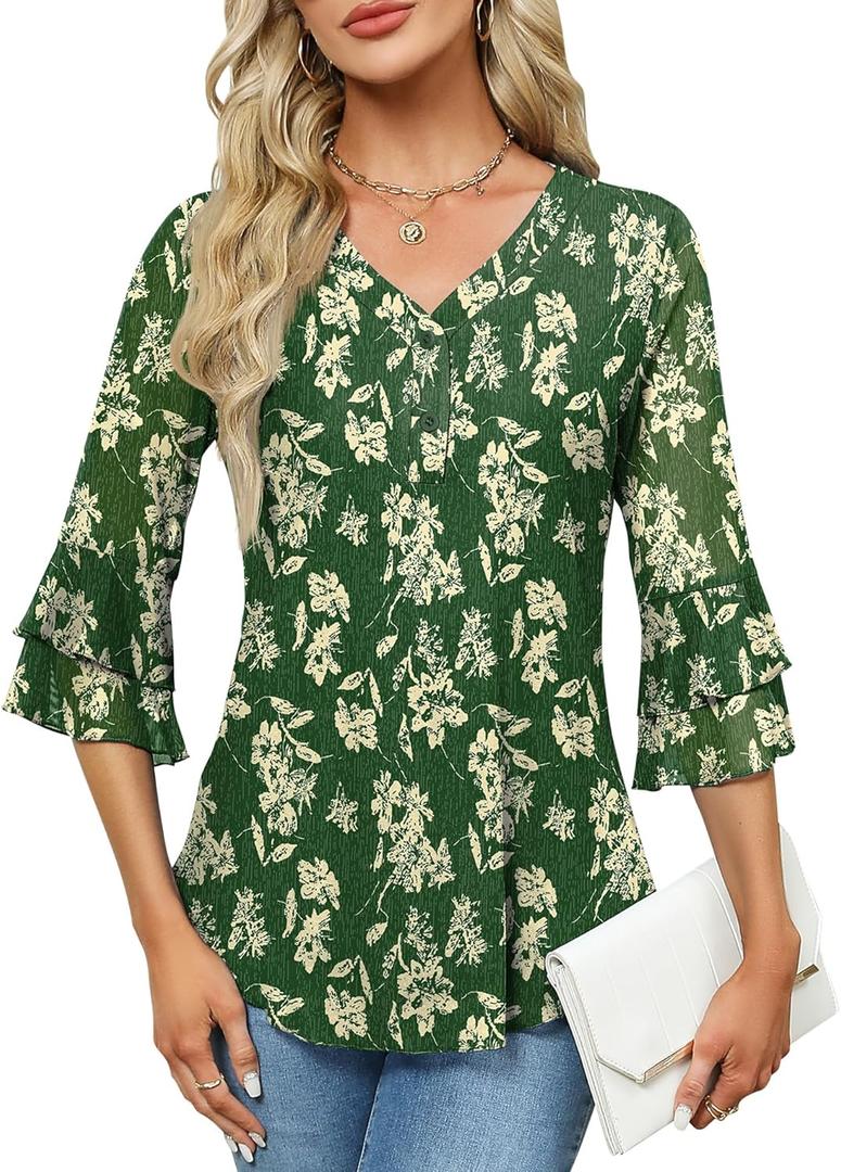 Rapbin Women Dressy Blouse 3/4 Sleeve Tiered Bell Sleeve Double Layers Mesh Shirt Trendy Flowy Tunic (Small, A2 Green Yellow Floral)