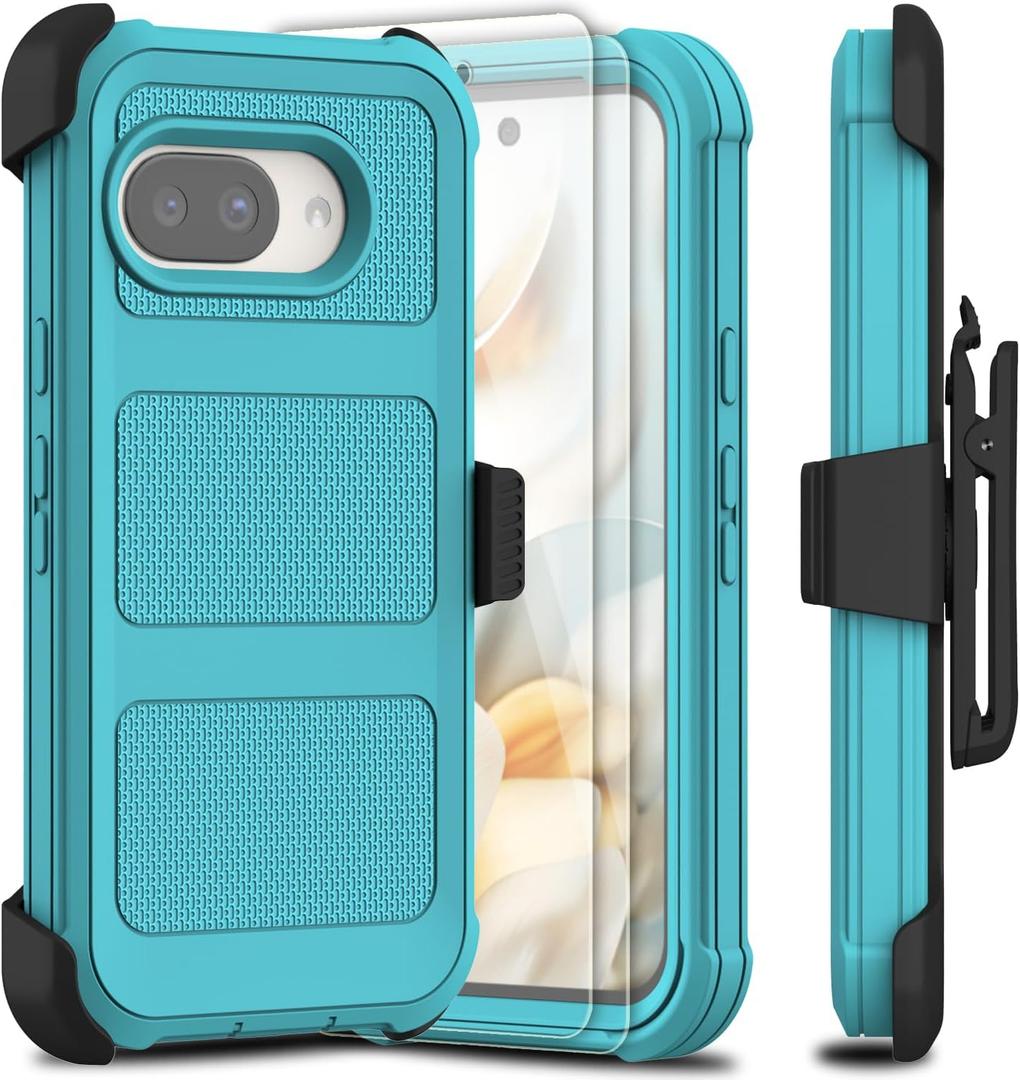 for Google Pixel 9a 2025 Case with 2 Pack Tempered Glass Screen Protector, [Holster Series] Belt Clip Kickstand Heavy Duty Shockproof Protective Cell Phone Case Cover (Blue Green)