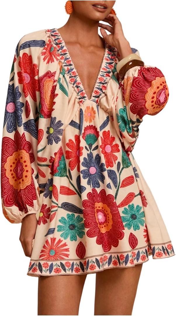 RoseSeek Women's Boho Floral V Neck Mini Dress Bishop Sleeve Tropical Dress (L)