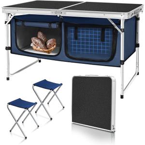Folding Camping Table with Storage Compartment Aluminum Lightweight Camp Kitchen Table Height Adjustable Indoor/Outdoor Table Perfect for Tailgating, Backyards, BBQ, Picnic (Black-Wide W/Stool), 24D x 47W x 28H in