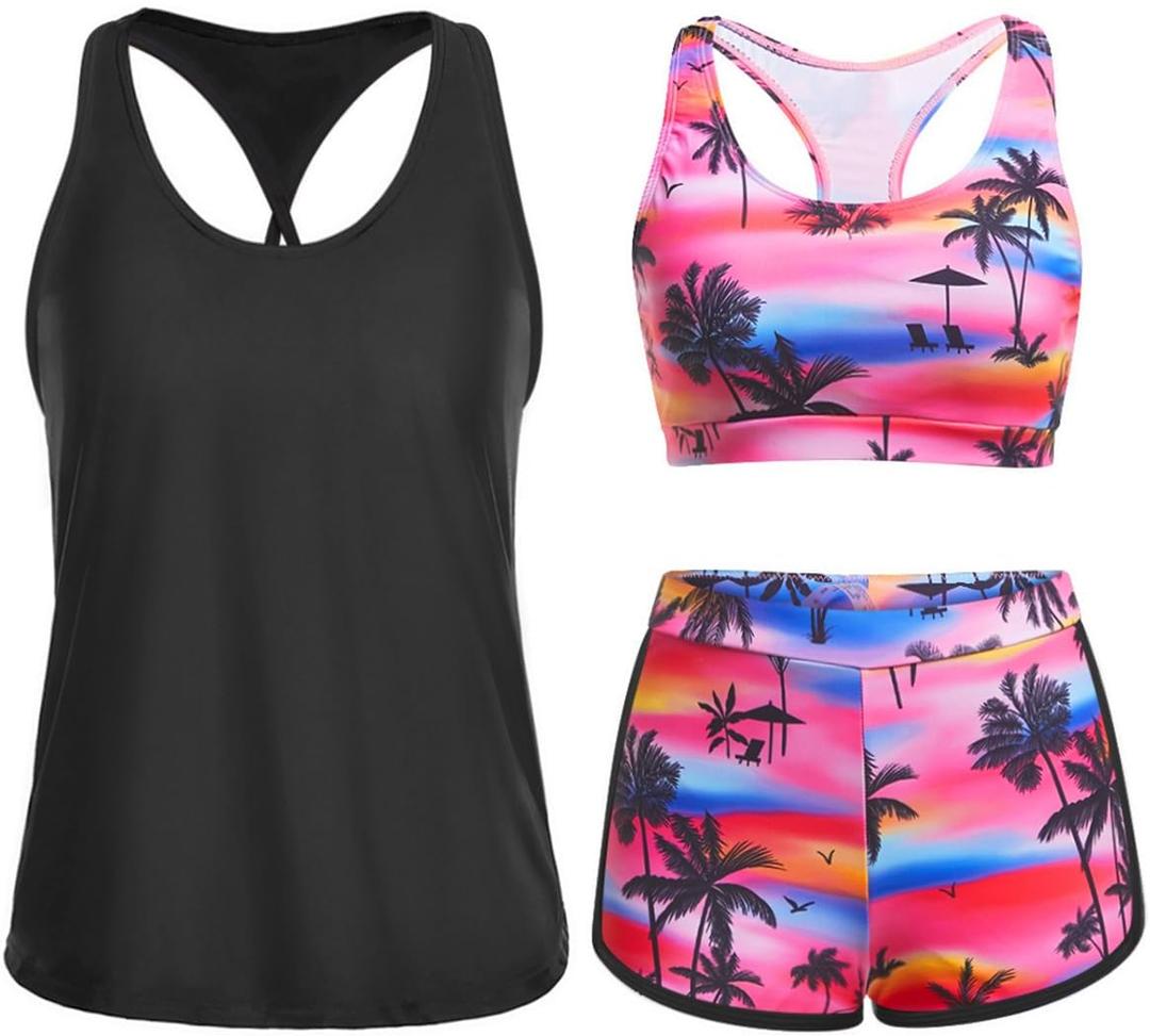 Yonique 3 Piece Athletic Tankini Swimsuits for Women with Shorts Swim Tank Tops with Sports Bra and Boyshorts Bathing Suits Pink Tree, Size Medium