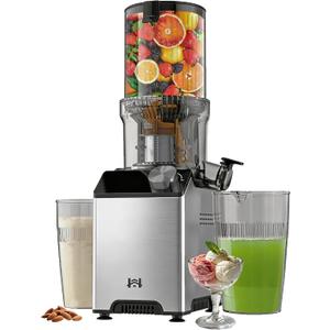 Cold Press Juicer, Wide Feed Chute Juicer Machines, Stainless Steel Slow Masticating Juicers Easy to Clean, Vegetables & Fruits Juice Extractor, High Juice Yield, Gray Knob