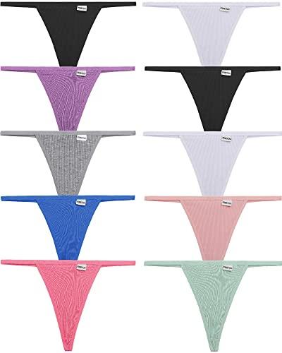 FINETOO 10 Pack G-String Thongs for Women Cotton Panties Stretch T-back Tangas Low Rise Hipster Underwear Sexy M