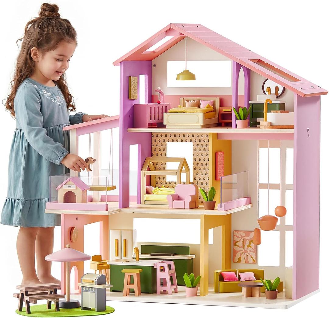 Tiny Land Wooden Doll House, Modern Family Dollhouse with Realistic Design, 7 Rooms Dollhouse with 49 PCS Accessories, Montessori Pretend Play Toddler Toy, Ideal Gift for Kids Ages 3+, Pink