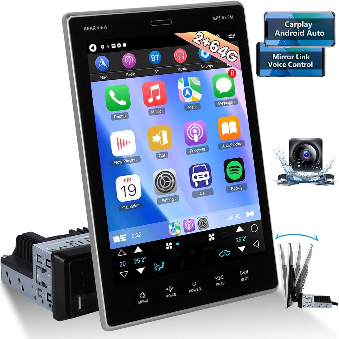 [2+64G] NHOPEEW Single Din Car Stereo with Wireless Carplay and Android Auto - 9.5 inch Vertical Touchscreen Android Car Radio - GPS Navigation/WiFi/Mirror Link/SWC + AHD Backup Camera