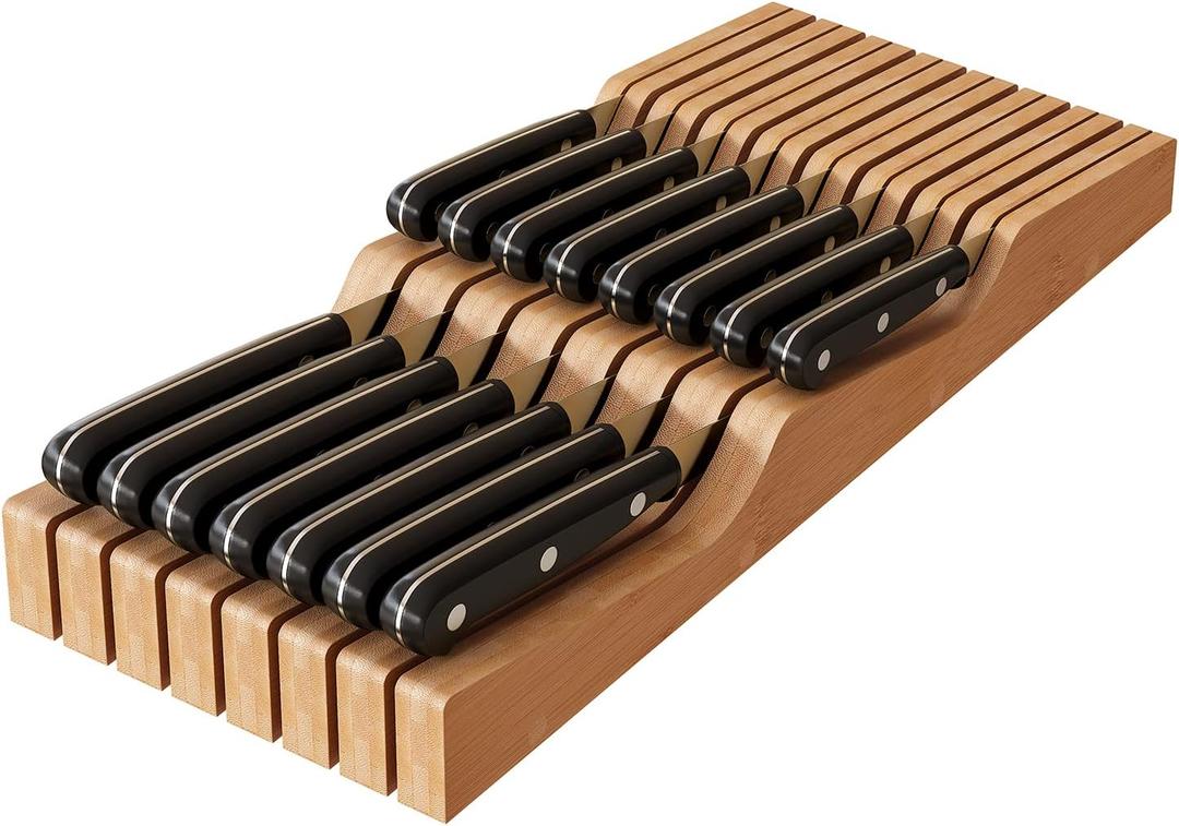 In-Drawer Knife Block Organizer - Bamboo Wood Drawer Knife Organizer-Protecting Knife Organizer Block (Not Included) (Natural, 15 Knives Dock)