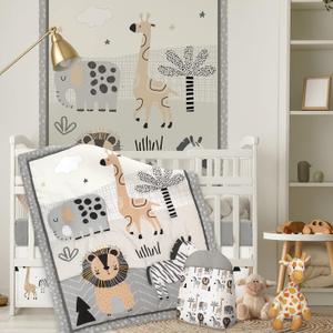 4 Piece Woodland Forest Animals Crib Bedding Set, Including Jungle Safari Crib Skirt, Blanket, Nursery Bed Sheet and Diaper Stacker, Soft Neutral Nursery Standard Size Baby Bedding for Baby Girls Boys