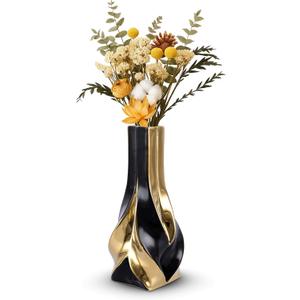 10.6" Black and Gold Ceramic Vase, Modern Geometric Flower Vase for Dining Table Centerpiece, Elegant Decorative Vase for Pampas Grass, Living Room, Bedroom, Office, Tabletop Decoration
