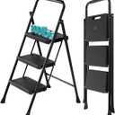 Step Ladder, 3 Step Stool Foldable with Anti-Slip Pedal & Comfortable Handrail, 800lbs Capacity Sturdy Steel Ladder, Protable Heavy Duty Step Stool for Kitchen, Garage & Outdoor Use, Black