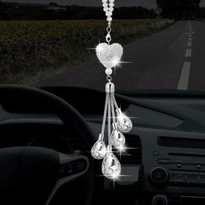 Frienda Bling Car Rear View Mirror Accessories for Women Gift Cute Heart Crystal Hanging Charm Diamond Decoration Lucky Interior Ornament Pendant(7.5 Inch,White)