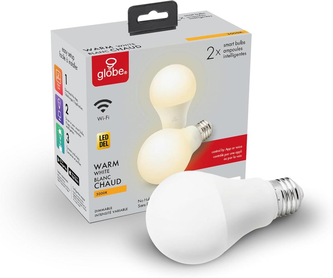 GLOBE Electric Collection Wi-Fi Smart 10 Watt (60W Equivalent) Dimmable Frosted LED Light Bulb 2-Pack, No Hub Required, Voice Activated, 3000K, A19 Shape, E26 Base 34209, Warm White, 2 Count