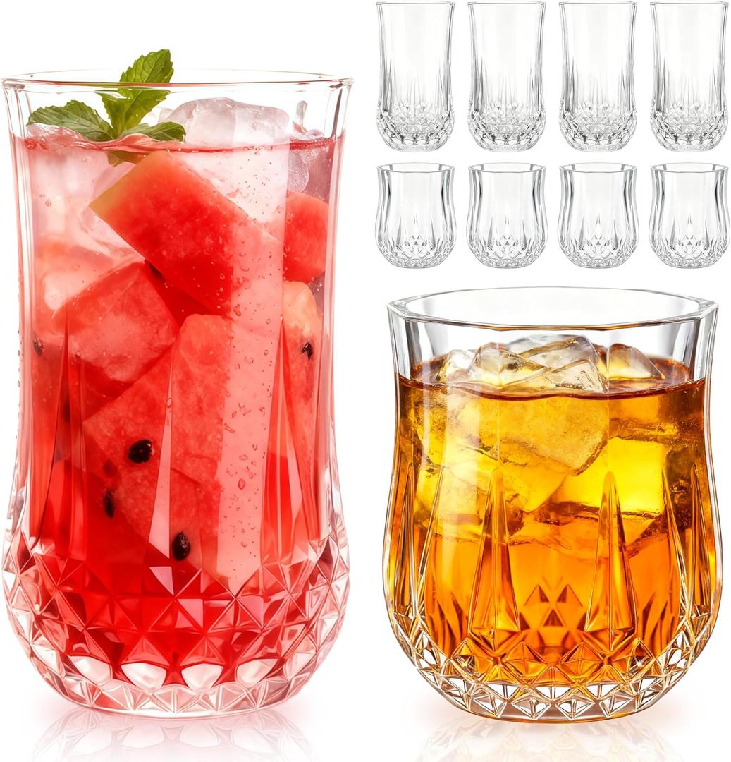 Ruckae Drinking Glasses Set of 8,11 oz and 7 oz Kitchen Water Glass Cups Set,Clear Curvature Glassware Dishwasher Safe,Mixed Drinkware for Beer,Juice,Cocktail,Whiskey,Milk and Various Mixed Drinks, Vertical stripe pattern