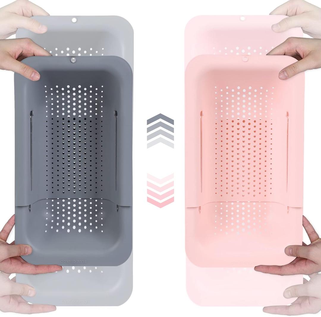 BLUE GINKGO Sink Colander Baskets - (Pack of 2) Wash Vegetables and Fruits, Drain Cooked Pasta and Dry Dishes - Extendable - New Home Kitchen Essentials (Grey & Pink)