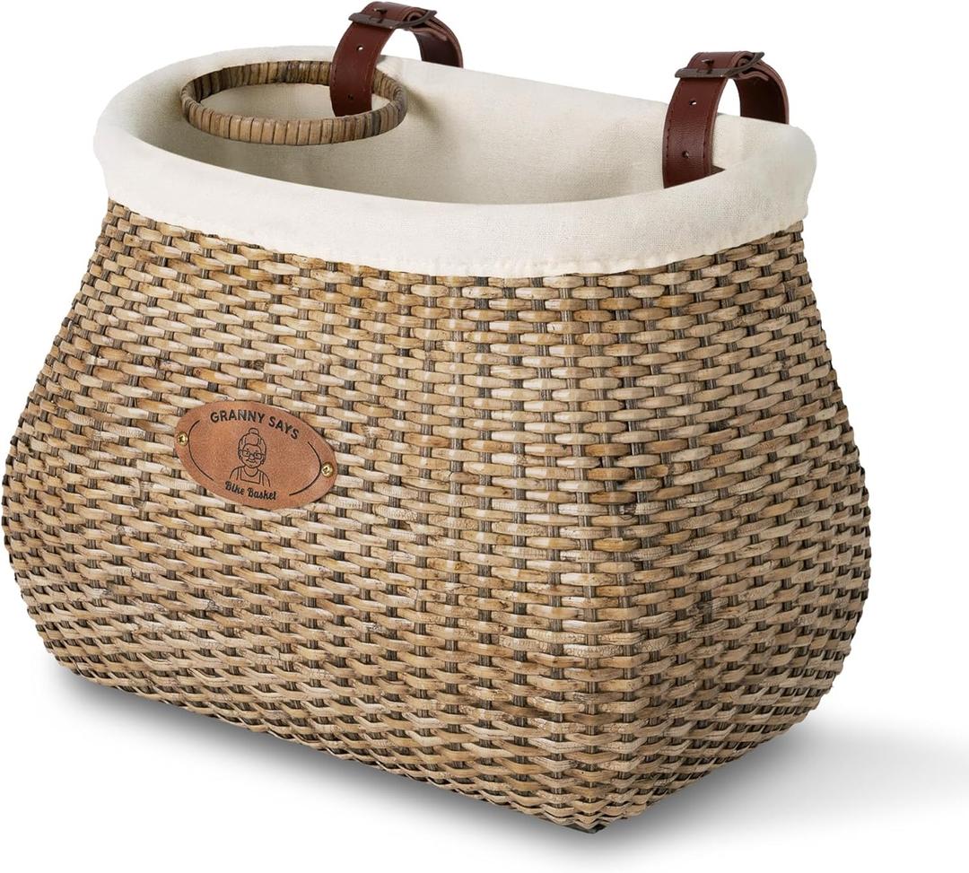 GRANNY SAYS Bike Basket Front, Natural Rattan Wicker Bike Baskets, Bicycle Basket with Cup Holder, Handmade Woven Bike Baskets for Women and Men, Storage Basket for Beach Cruisers, Ebikes (Brown)