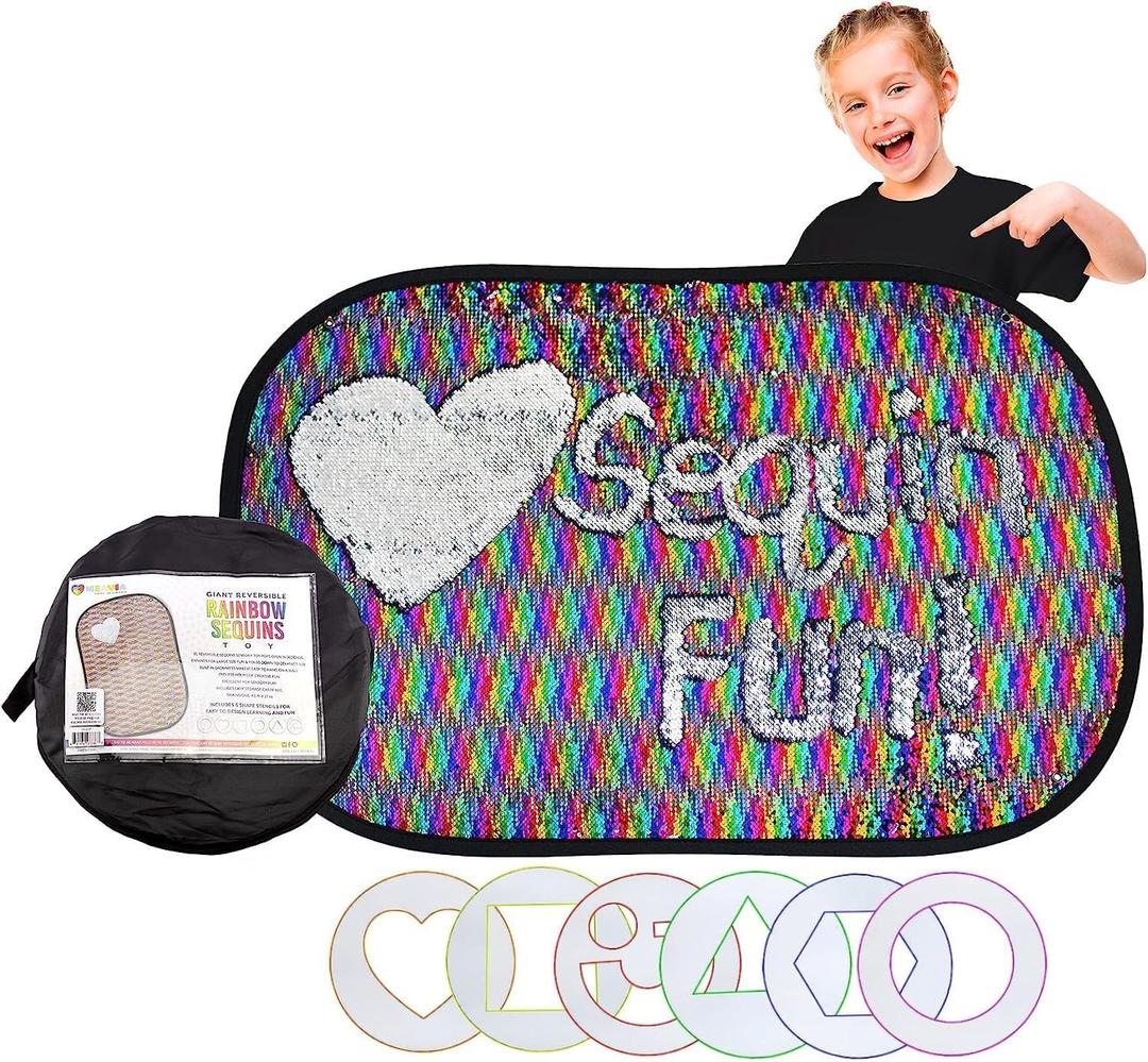 Meavia Reversible Sequins Wall Sensory Fun Toy W/ Shape Stencils & Travel Case, Jumbo Size 40 x 27 Inches