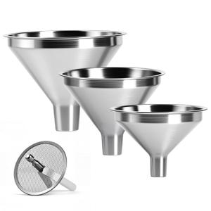 4-Piece Stainless Steel Kitchen Funnel Set, Includes 3 Funnel Sizes and 1 Strainer. Ideal for transferring seasonings, Oils, Liquids, Dry Goods and Powders. Durable and Easy to Clean.