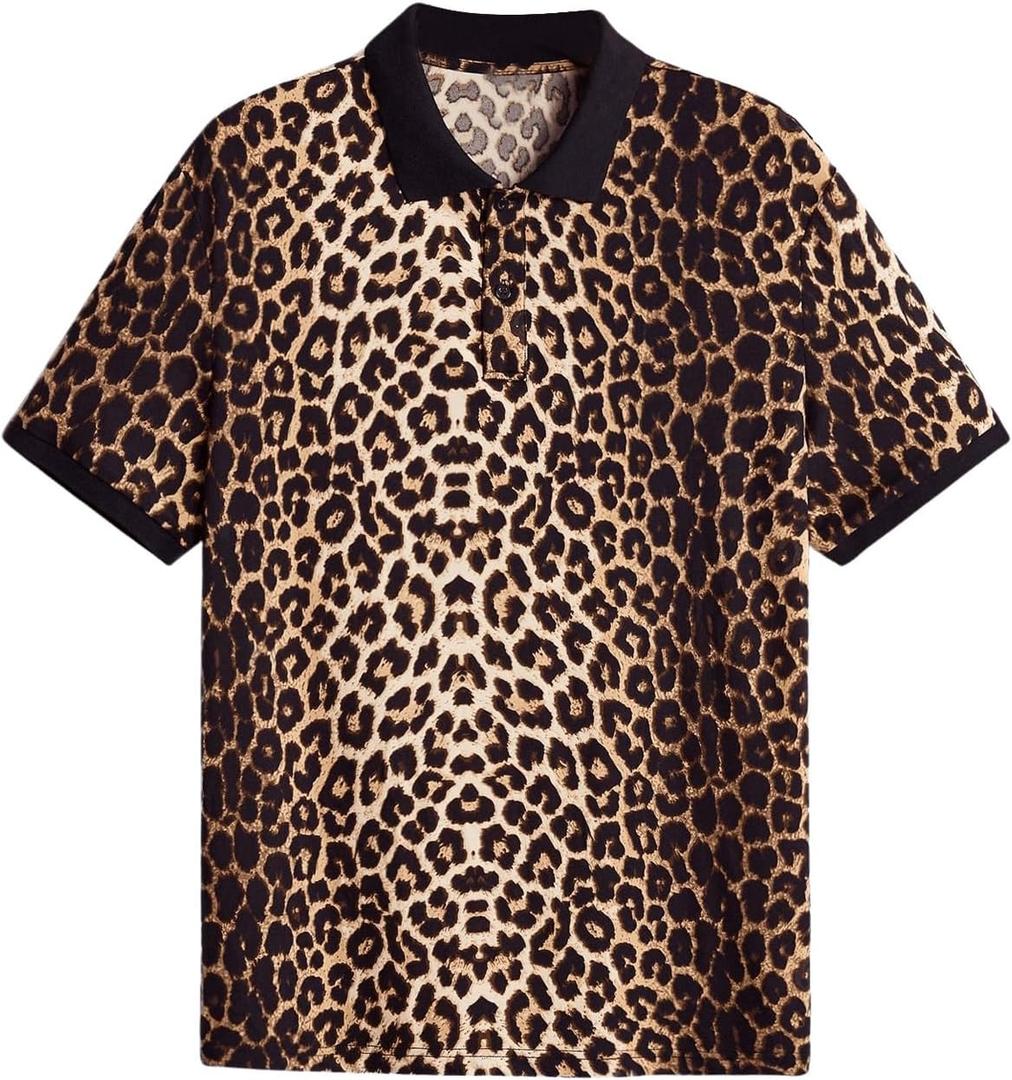 SweatyRocks Men's Leopard Print Polos Shirts Vintage Short Sleeve Golf Shirt (Large, Multicolor)