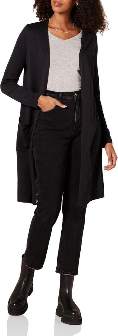 Amazon Essentials Women's Lightweight Longer Length Cardigan Sweater (Large, Black)