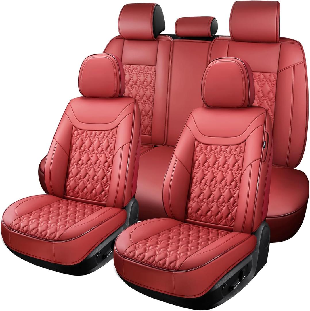Car Seat Covers Full Set, Faux Leather Seat Covers for Cars, Car Seat Protector Waterproof, Non-Slip,Bright and Shiny seat Covers Make Your Vehicle Look, 5Seaters,Wine-Red