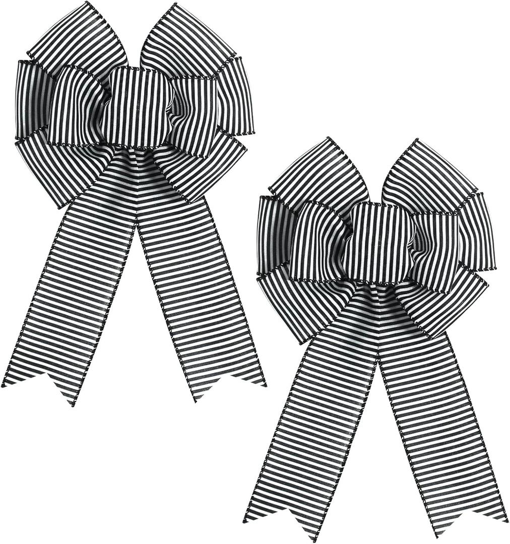 2pcs Black White Stripe Wreath Bows, Farmhouse Burlap Bow for Wreath Rustic Crafts Decorative Hanging Ornament Bow for Indoor Outdoor Wedding Holiday Birthday Party Decor