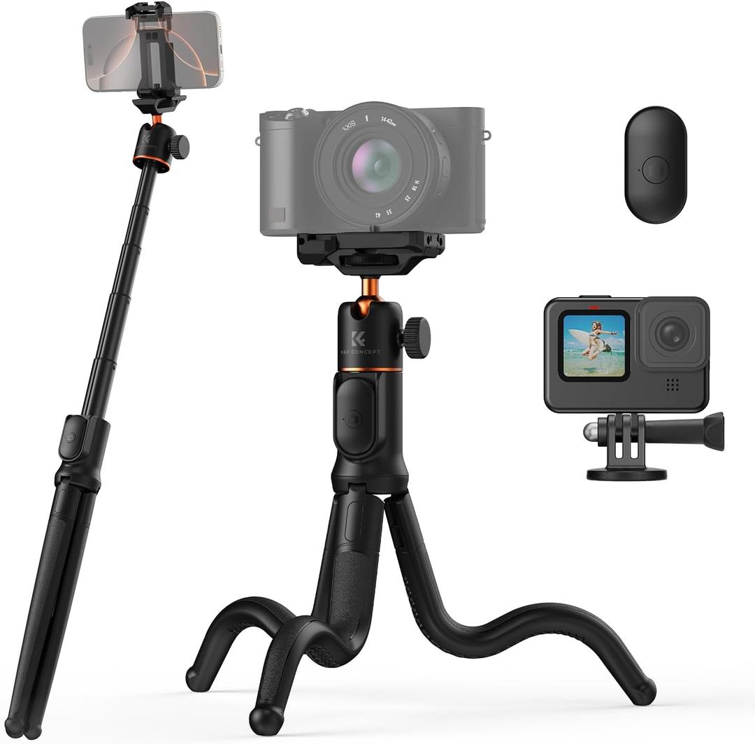 K&F CONCEPT Extendable Phone Tripod, Flexible Tripod with Remote, 3 in 1 Selfie Stick with Action Camera Adapter Flexible Legs Compatible with iPhone Samsung Canon Nikon Sony Cameras Action Camera.