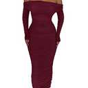 PRETTYGARDEN Women's Fall Off Shoulder Maxi Bodycon Dress Long Sleeve Ruched Fitted Club Dresses with Slit (WineRed,Small)