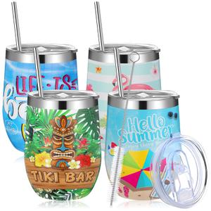 Tioncy 4 Pieces 12 oz Summer Hawaii Tumbler Cups Tropical Flamingo Vacuum Wine Cup Insulated Stainless Steel Travel Mug Tumblers with Lid and Straw Sea Beach Pool Party Vacation Gifts