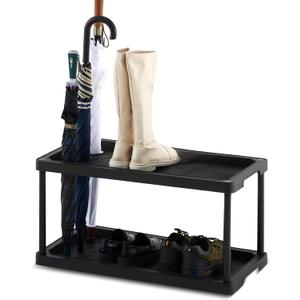 Cinnvoice 2 Tier Large Boot Tray with Umbrella Holder Plastic Shoe Rack Black Waterproof Boot Shoe Mat for Entryway All Weather Indoor Outdoor, 28 x 14.5 x 14.5 Inches