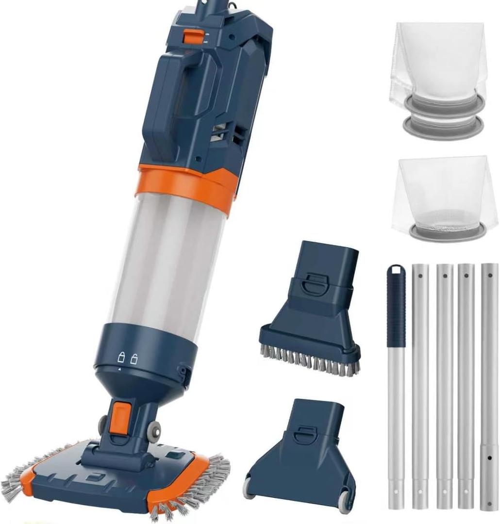 Cordless Pool Vacuum-True Powerful Suction 18.9GPM, 96inch, 1H Runtime, 25µm Fluff Ultra Fine Filter,Handheld Rechargeable Hot Tub Cleaner with Poles for Above Ground&Inground Pool