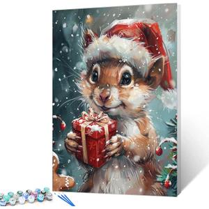 Tucocoo Cute Squirrel Paint by Numbers for Adults Red Christmas Box DIY Oil Painting Acrylic Paints Artwork Art Craft for Home Wall Decor Pictures 16"x20" Unframed (PBN-Xmas Animal 04)