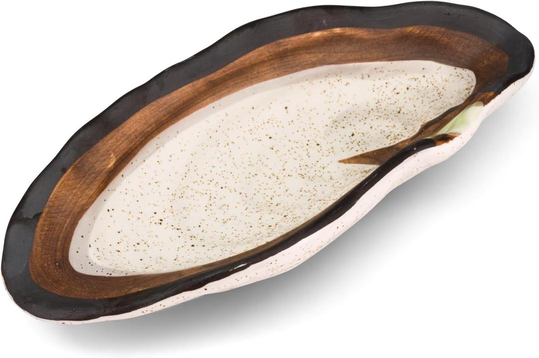 Large Ceramic Spoon Rest for Stove Top, Oyster Shell-Shaped Stable Glaze Sauce Tray Fruits Dish Porcelain Utensil Spoon Holder for Kitchen Counter Dining Table Decor Easy Clean (Beige)