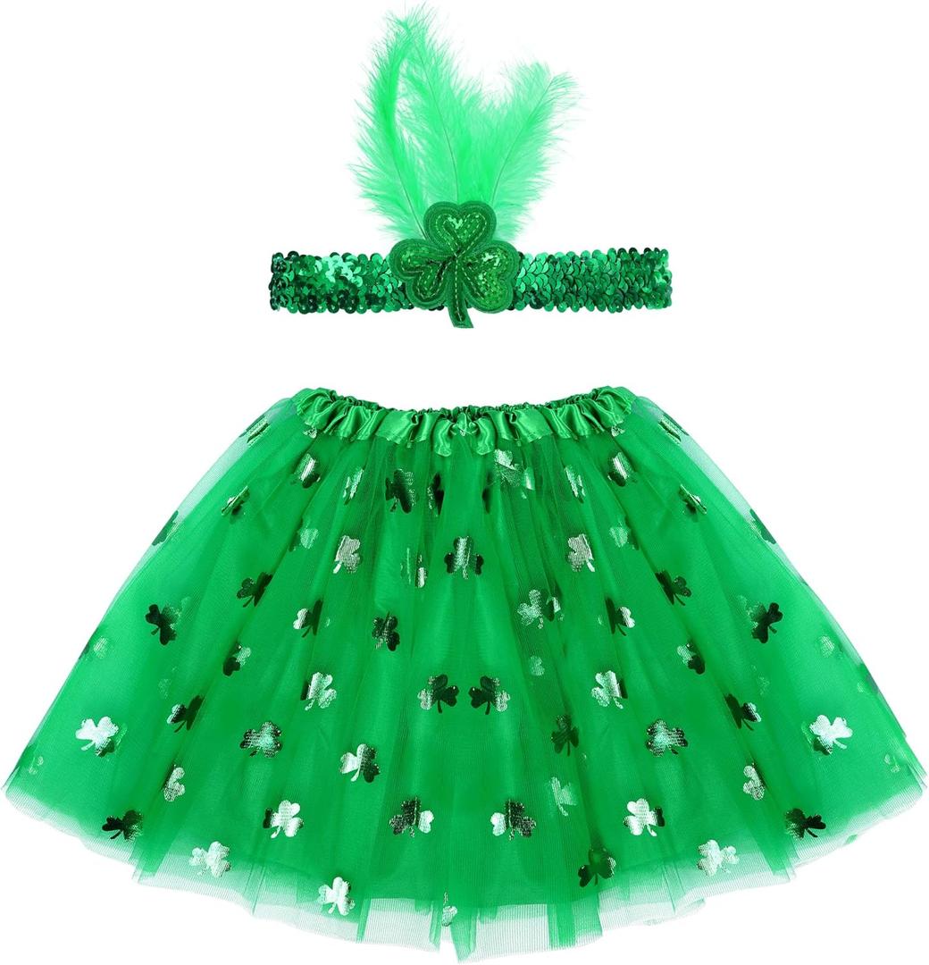 2Pcs St. Patrick's Day Costume Accessories Set for Women Shamrock Tutu Skirt with Green Sequin Shamrock Headband