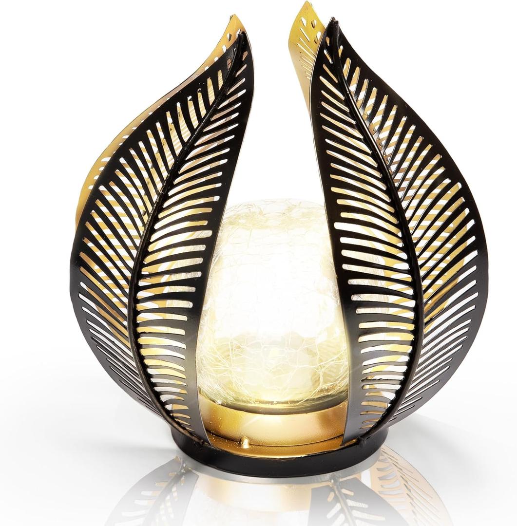 HPC Decor Solar Light Outdoor Garden, Crackle Globe Glass,Metal Palm Leaf Solar Light for Outside, Pathway Lights Waterproof LED Outdoor for Patio,Yard,Porch Decor,Gardening Gifts for Women/Mom. (Black)