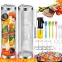 Rolling Grilling Basket, 2 PCS BBQ Grill Basket Stainless Steel Grill Mesh with Grilling Accessories, Portable Outdoor Camping BBQ Grill Nets Cylinder for Fish, Shrimp, Vegetables, Meat