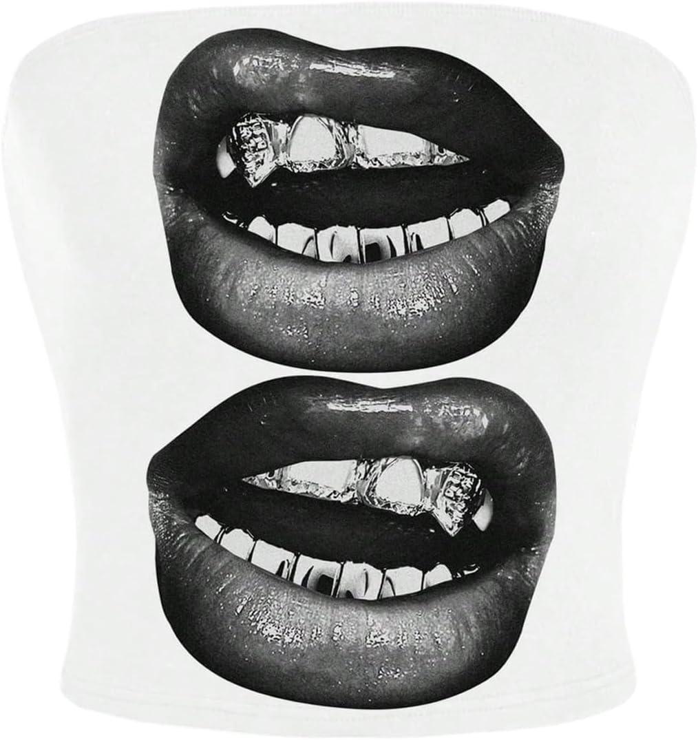 WDIRARA Women's Lip Graphic Tube Top Strapless Bandeau Sleeveless Crop Tops (L)