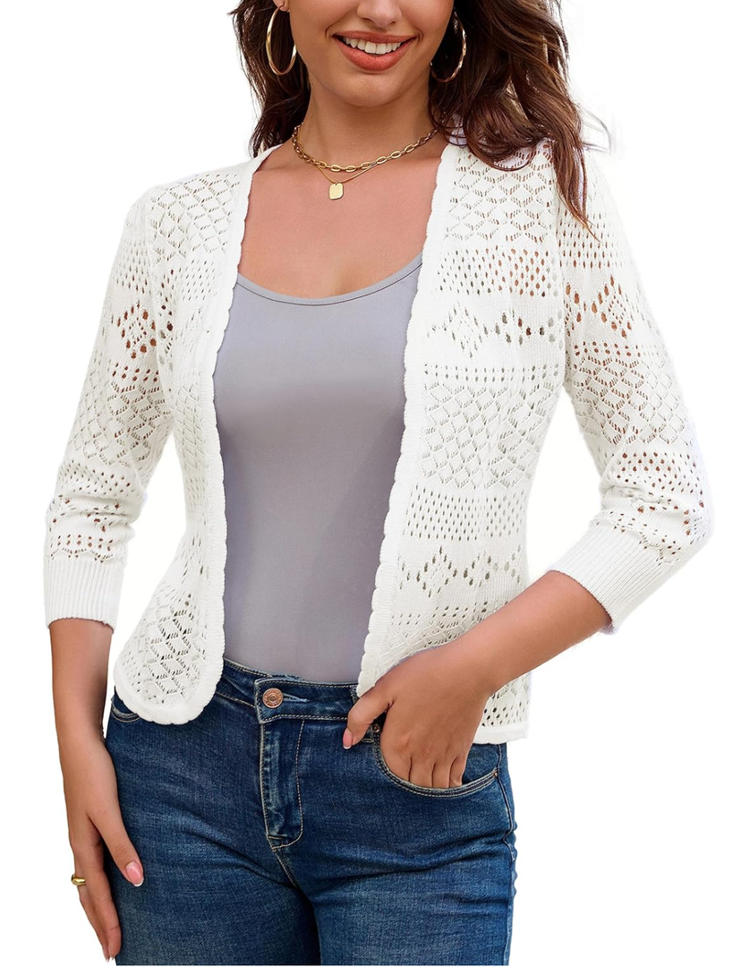 GRACE KARIN Women's 3/4 Sleeve Open Front Cropped Cardigan Summer Lightweight Hollow Out Knit Shrug M