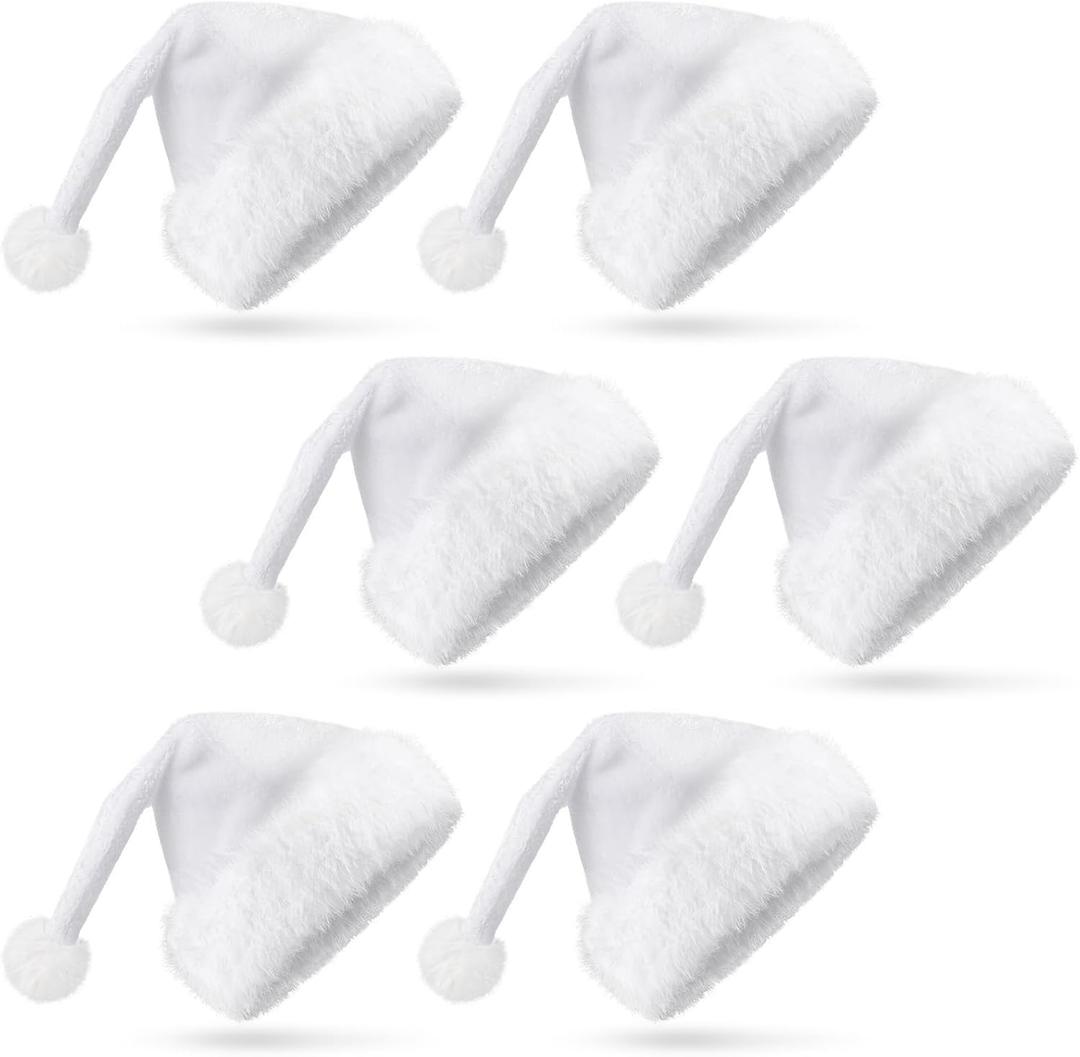 Geyoga 6 Piece Christmas Hat Xmas Santa Claus Hats Plush Santa Hats Adult for Christmas Festive Holiday Party Supplies (White)