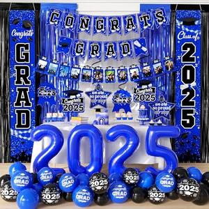 Graduation Decorations Class of 2025, Door Porch Signs, Congrats Grad Hanging Swirls, Streamer Backdrop Tinsel Curtains for Men Women Graduation Party (Blue)