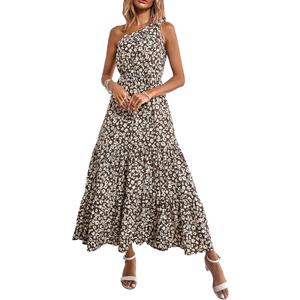 PRETTYGARDEN Women's Summer Floral One Shoulder Maxi Dress Knot Ruffle Boho Beach Vacation Wedding Guest Long Sun Dresses (Medium, Coffee)