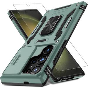 DEERLAMN Case for Samsung Galaxy S25 Ultra with Slide Camera Cover+Screen Protector (1 Pack), Rotated Ring Kickstand Military Grade Shockproof Protective Cover-Green (S25 Ultra-6.9 Inch)